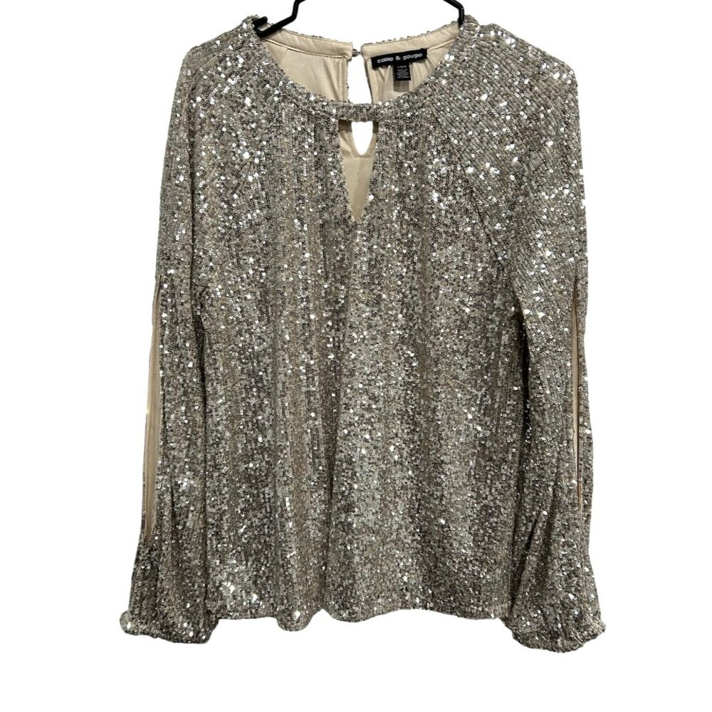 Cable & Gauge Large Long Open Sleeve Sequin Top Keyhole Back Sparkle Holiday